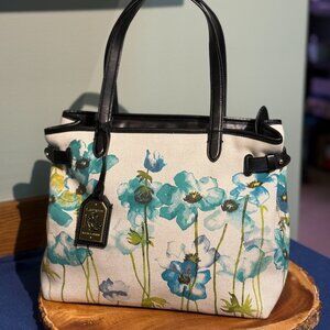 Lauren Ralph Lauren Large Devyn Floral Canvas Tote Bag Black Leather Trim